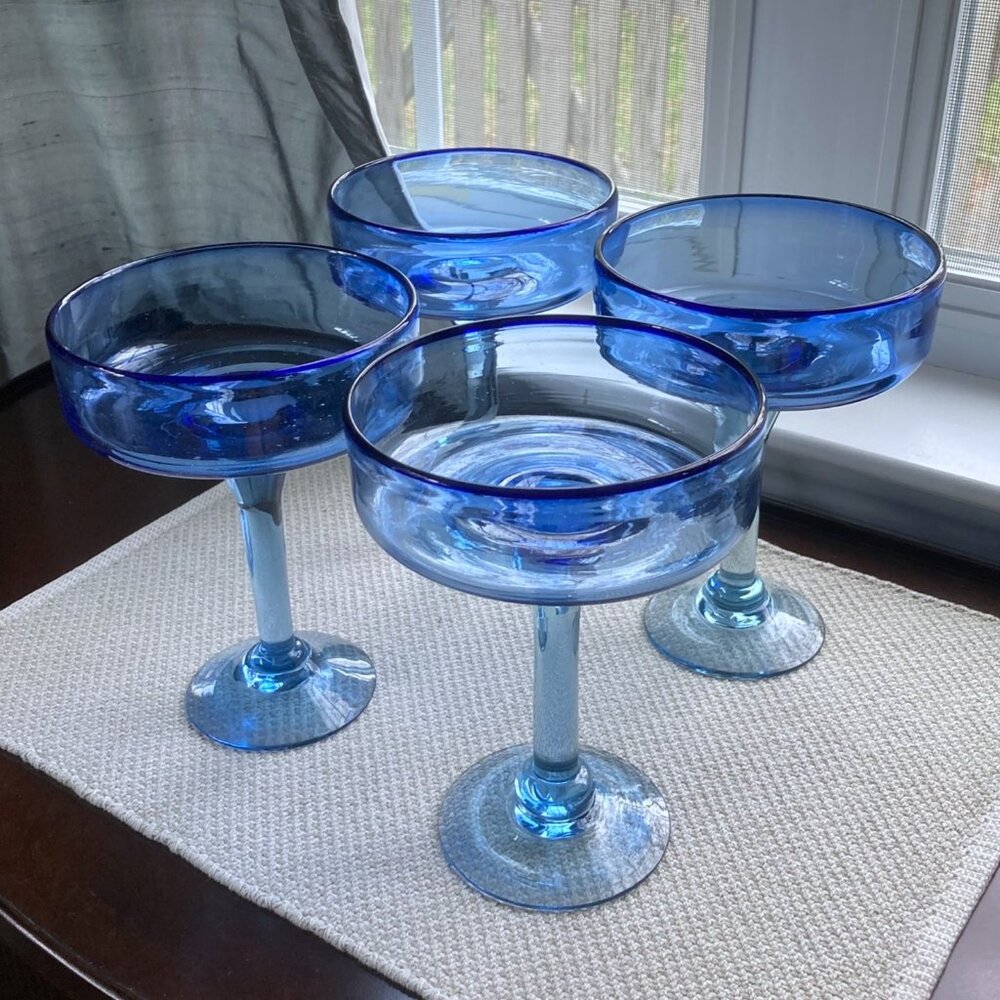 Set/4 - Hand Blown Cobalt Blue Margarita Barware Glasses, Anthropologie